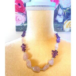 Rose Quartz, Amethyst, Crystal Beaded Gem Stone  9 inch Necklace